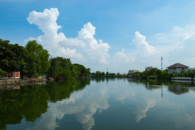 Scenic view of lake by trees against sky