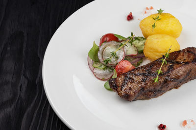 High angle view of food in plate on table