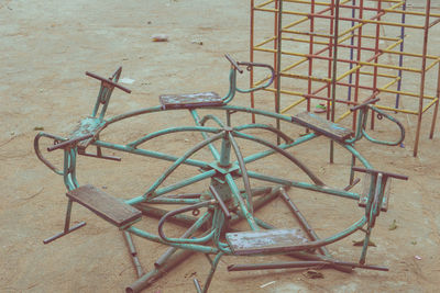 High angle view of empty chairs on table