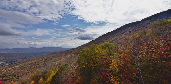 Scenic view of mountains against sky during autumn