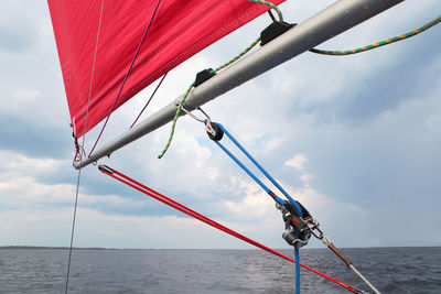 Low angle view of flags on pole against sky