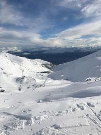 Snow covered landscape against sky