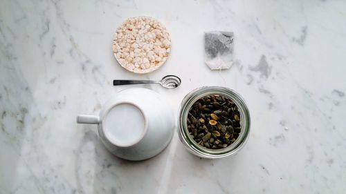 High angle view of breakfast on table