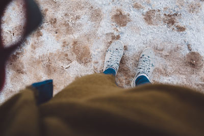 Low section of man standing on sand