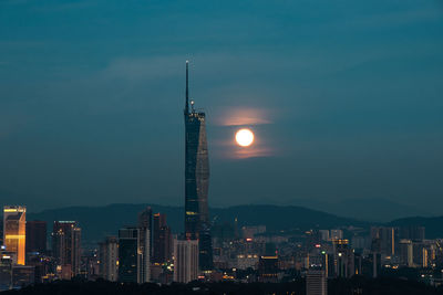 Illuminated buildings against sky at night