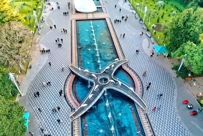 High angle view of trees by swimming pool in city