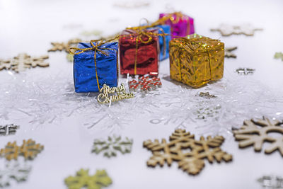 Close-up of christmas decorations on table