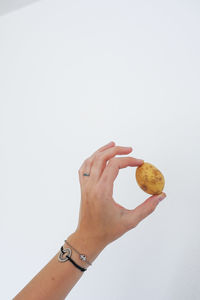 Midsection of person holding apple against white background