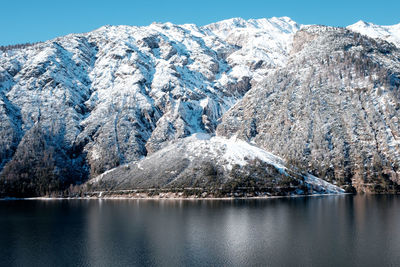 Frozen lake by snowcapped mountain against sky