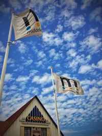 Low angle view of road sign against sky