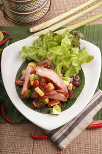 High angle view of food in plate on table