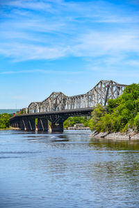 Arch bridge over river against sky