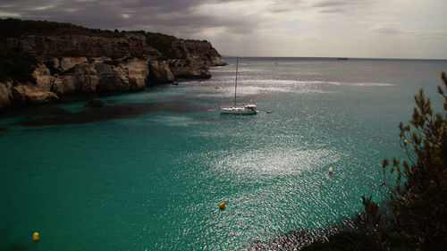 Lone boat in calm blue sea