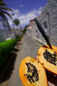 Close-up of orange fruit on table