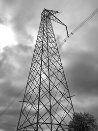 Low angle view of power pylon against sky at dusk