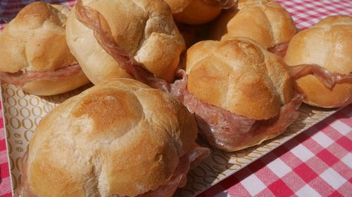 High angle view of bread in basket on table