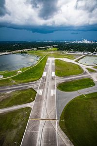 High angle view of road on landscape against sky