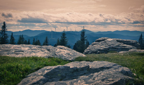 Scenic view of mountains against sky during sunset