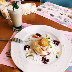 High angle view of breakfast served on table