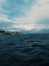 Scenic view of sea against sky in city