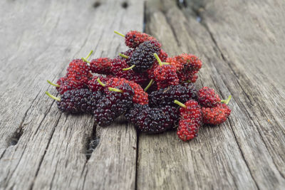 High angle view of strawberries on table