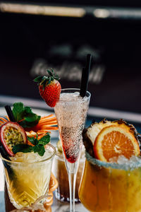 Close-up of fruits served on table