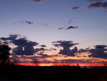 Silhouette trees on field against romantic sky at sunset