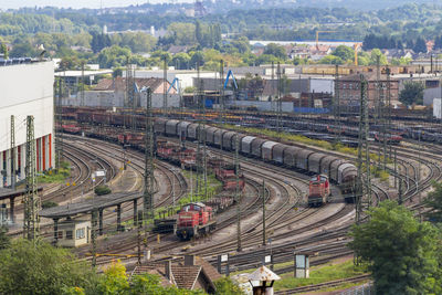 High angle view of train in city