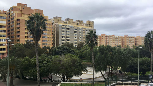 Trees and buildings in city against sky