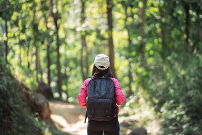 Rear view of woman standing in forest