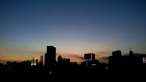 Buildings in city at sunset