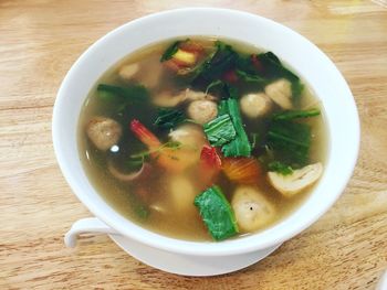 High angle view of soup in bowl on table