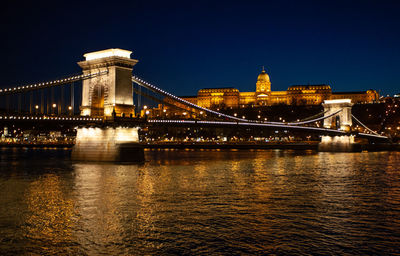 Illuminated bridge over river at night