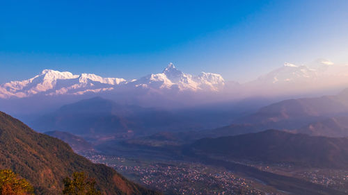 Scenic view of snowcapped mountains against sky during sunset