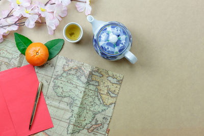 High angle view of various objects on table