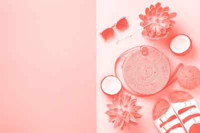 High angle view of pink roses on table