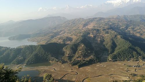 High angle view of mountains against sky