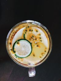 High angle view of fruits in glass on table