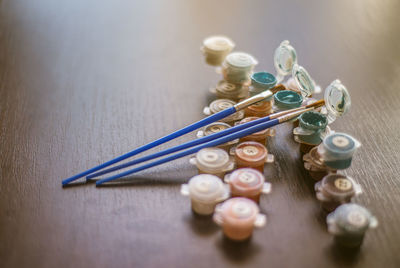 High angle view of objects on table