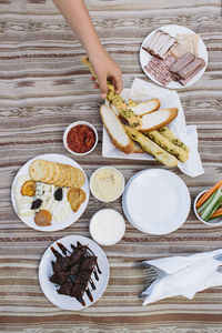 High angle view of food served on table