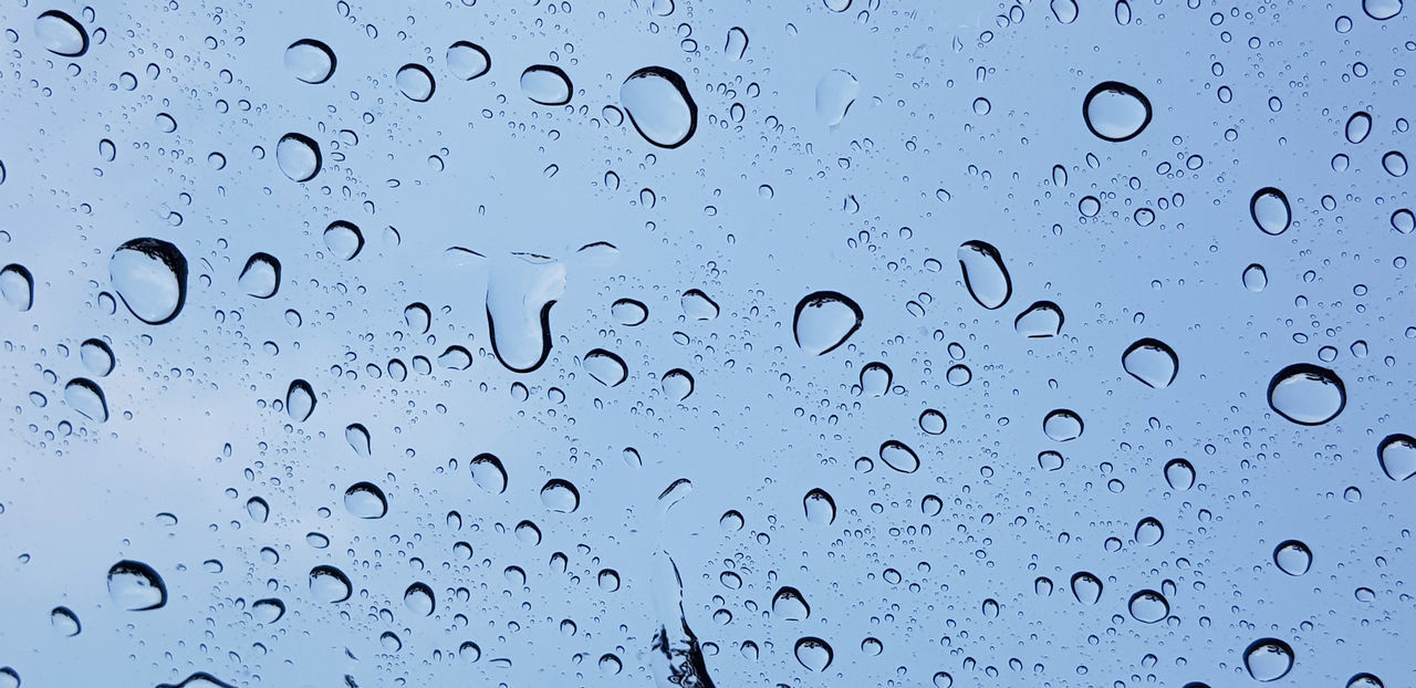 drop, wet, water, window, glass, rain, transparent, no people, backgrounds, close-up, full frame, nature, indoors, raindrop, black and white, pattern, purity, blue, sky, abstract, freshness