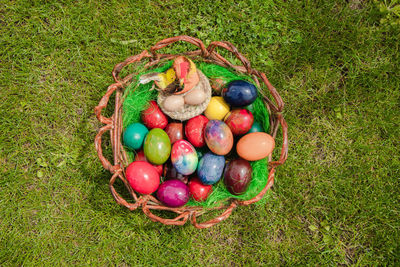 High angle view of eggs in basket