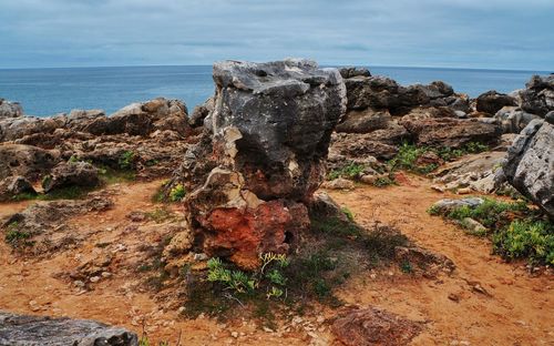 Rock formations on shore against sky