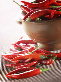 Close-up of red chili peppers on table