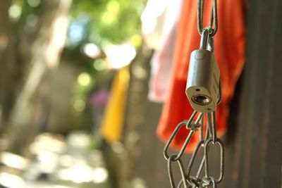 Close-up of metal hanging outdoors