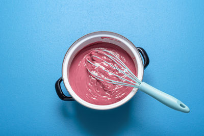 High angle view of drink in glass on table