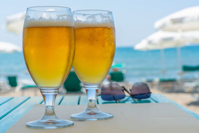 Close-up of beer in glass on table