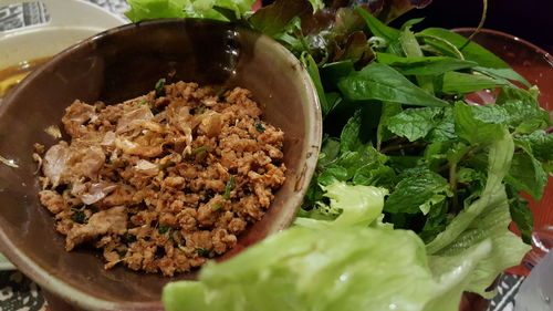 High angle view of meat in bowl