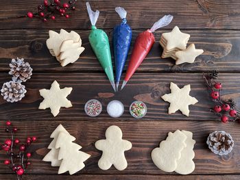 High angle view of christmas decorations on table