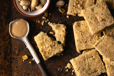 High angle view of breakfast on table